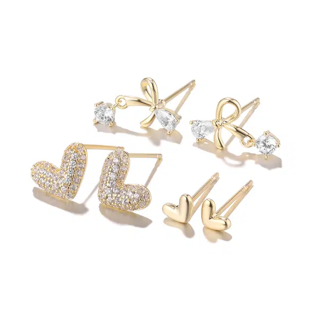 珂里 精致小巧爱心蝴蝶结 三件套 高级感轻奢甜美养耳防堵气质  金色 铜 耳钉 女款