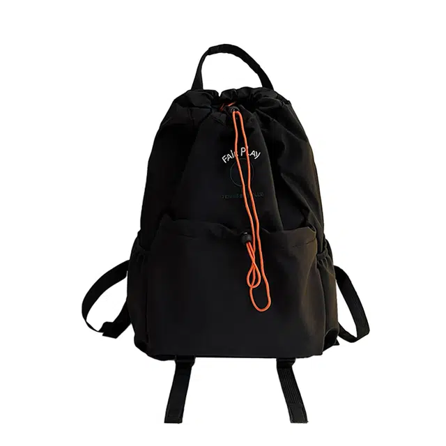 度森袋鼠 束口抽绳双肩包百搭休闲学生 尼龙 背包 男女同款情侣款 黑色/绿色