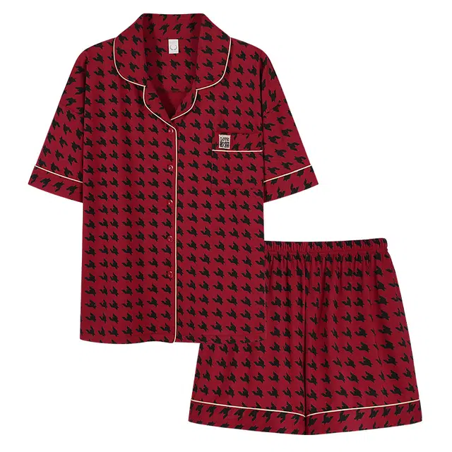 莫代尔 时尚千鸟格短袖满印口袋松紧腰短裤可外穿简约睡衣套装 女款 酒红色