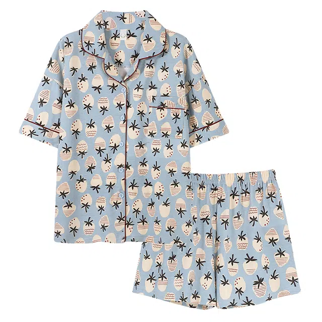 莫代尔 满印亲肤翻领短袖松紧腰短裤可外穿睡衣套装 女款 浅蓝色