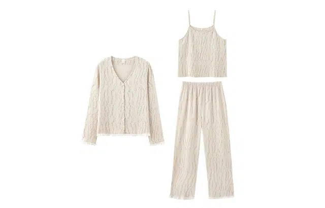 俏薇妮 国风复古纯棉纱布三件套甜美条纹吊带长袖长裤可外穿宽松实用家居服睡衣套装 女款 杏色