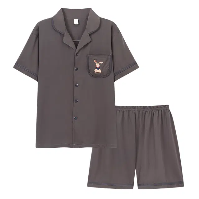 莫代尔 时尚经典翻领短袖上衣中腰休闲短裤睡衣套装 男款 深灰色