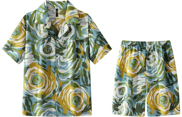 宫蝶 夏威夷系列 冰丝短袖休闲可外穿家居服宽松大码复古风睡衣套装 男款 花色