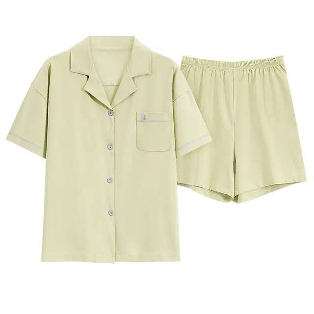 雅鹿 简约高级感翻领短袖上衣松紧腰短裤睡衣套装 女款 翠绿色