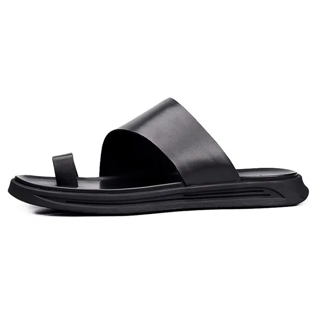 维戈 牛皮革 舒适 百搭 透气 一字拖鞋 男款 黑色