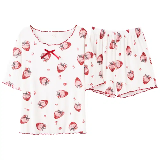 莫代尔 夏季满印短袖短裤蝴蝶结可外穿睡衣套装 女款 白色