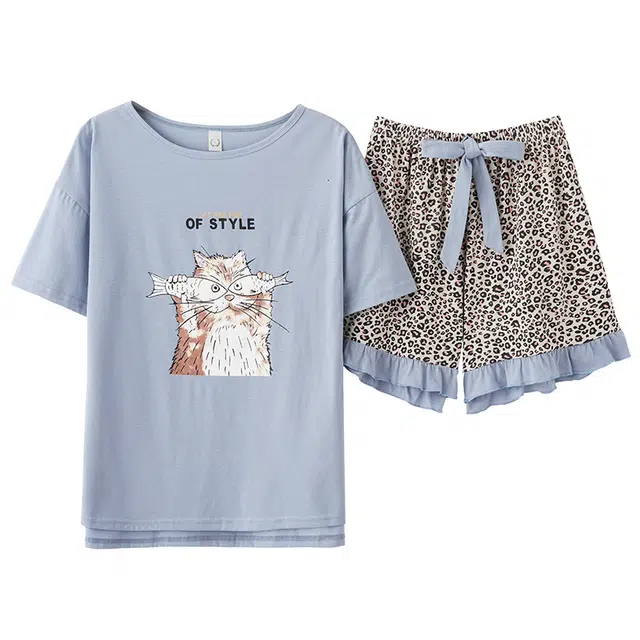 莫代尔 夏季印花短袖豹纹短裤韩版蝴蝶结睡衣套装 女款 亮钢蓝