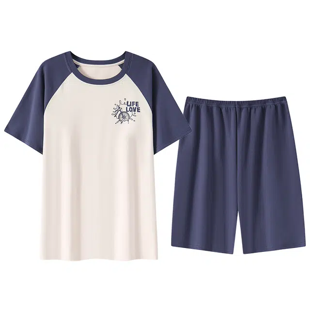 贴身领域 字母印花拼接撞色圆领纯棉短袖薄款舒适短裤睡衣套装 男款