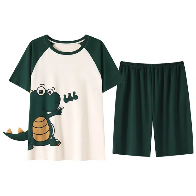 贴身领域 卡通印花拼接撞色圆领纯棉短袖薄款潮宽松舒适睡衣套装 男款 深绿