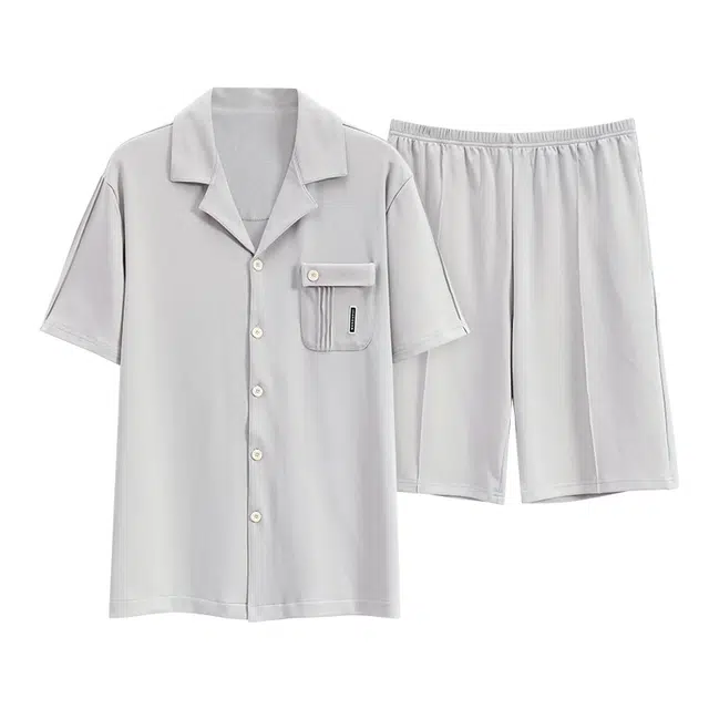 帕兰朵 纯色翻领短袖上衣松紧腰短裤睡衣套装 男款 浅灰色