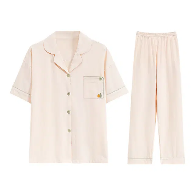 欧迪芬 翻领纯色休闲透气短袖松紧腰长裤睡衣套装 女款 杏色