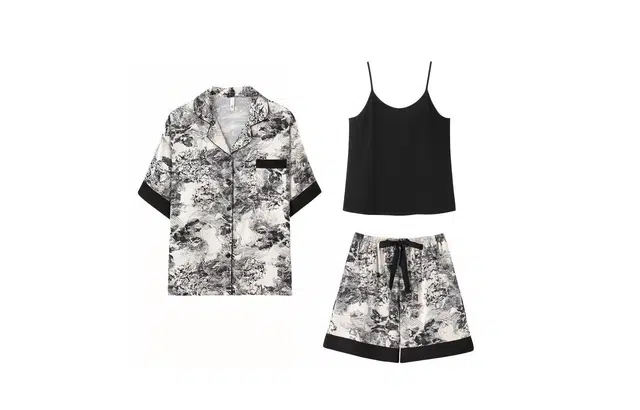 俏薇妮 凉感冰丝睡衣性感吊带短袖三件套纯欲风薄款新中式水墨画高级感实用家居服睡衣套装 女款 黑色