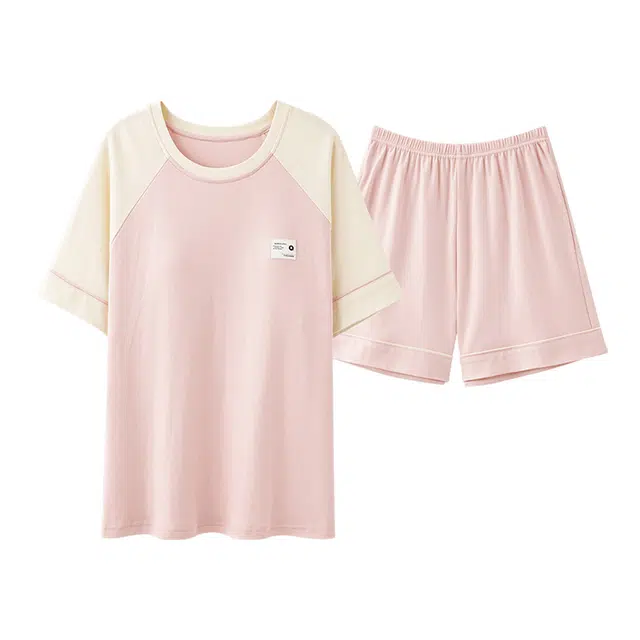 欧迪芬 舒适套头纯棉圆领短袖松紧短裤睡衣套装 女款 粉白色