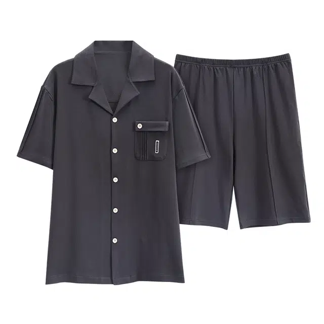 帕兰朵 休闲宽松简约翻领短袖松紧腰短裤睡衣套装 男款 深灰色
