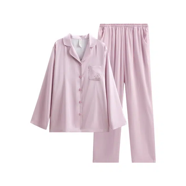 芬腾 纯色高级感薄款翻领开衫长袖上衣松紧腰长裤睡衣套装 女款