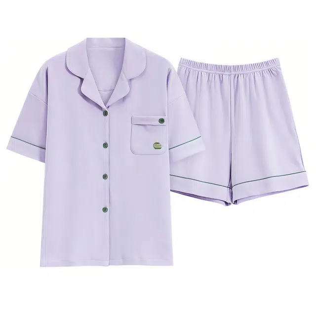 帕兰朵 简约时尚翻领短袖上衣松紧腰短裤睡衣套装 女款 浅紫色