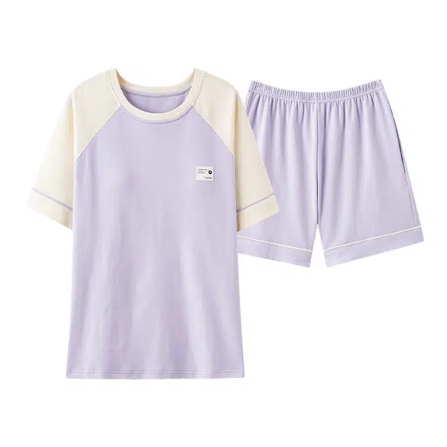 欧迪芬 舒适纯棉套头短袖短裤睡衣套装 女款 紫色
