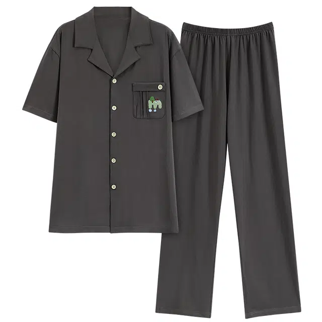 雅鹿 简约纯色亲肤舒适翻领开衫短袖休闲可外穿家居服长裤睡衣套装 男款 深灰色