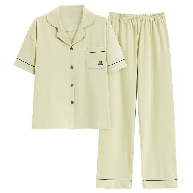 帕兰朵 休闲宽松纯色翻领短袖松紧腰长裤睡衣套装 女款 浅绿色