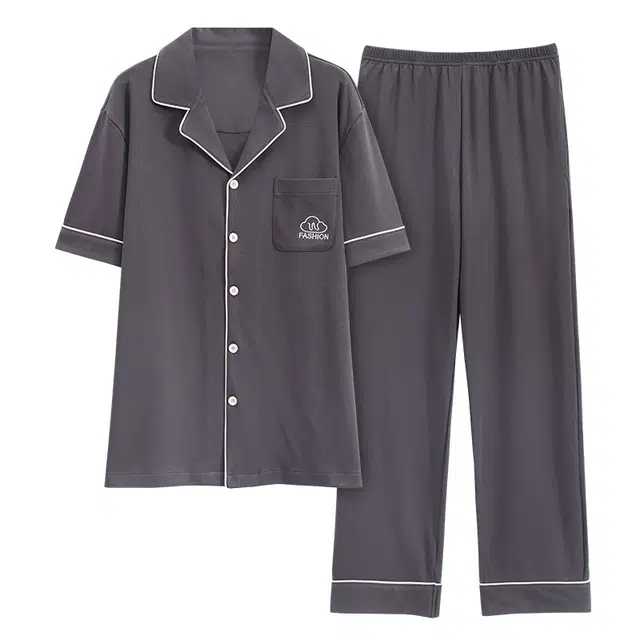 雅鹿 翻领休闲简约短袖松紧腰长裤睡衣套装 男款 深灰色