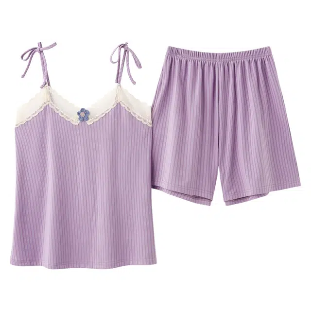莫代尔 薄款舒适套头吊带松紧短裤睡衣套装 女款 香芋紫