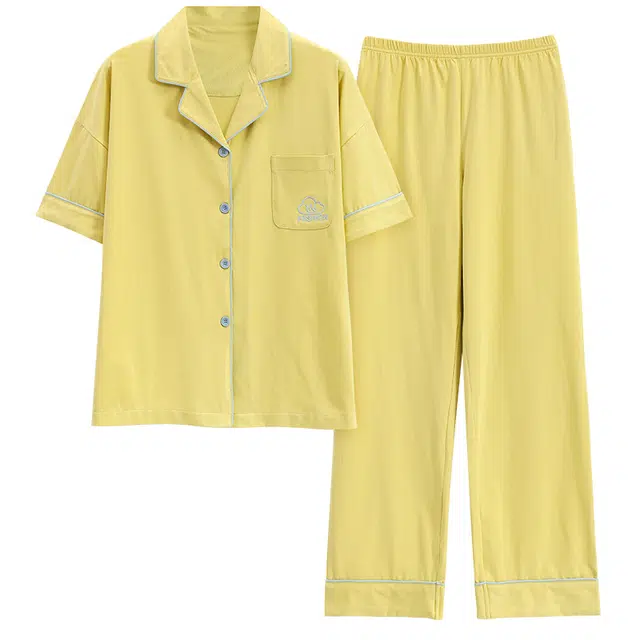 帕兰朵 简约亲肤舒适翻领短袖开衫休闲可外穿家居服长裤睡衣套装 女款 绿黄色