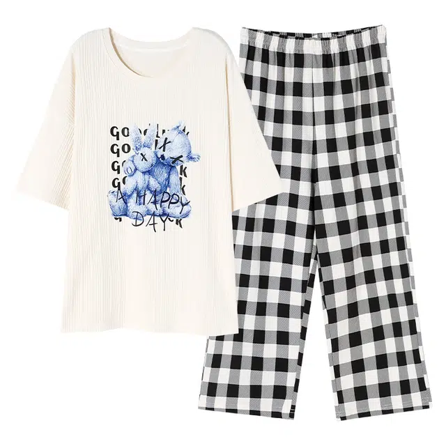 睦隆世家 圆领印花套头短袖格子七分裤睡衣套装 女款 白色