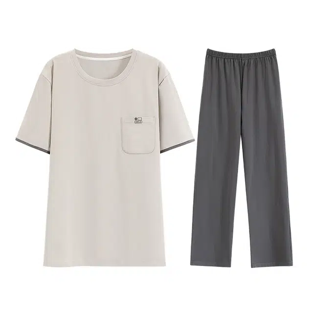 欧迪芬 抑菌除螨亲肤舒适透气圆领短袖松紧腰长裤睡衣套装 男款 灰色