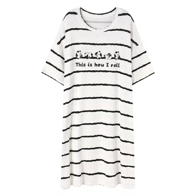 睦隆世家 字母熊猫圆领套头短袖睡裙 女款 黑白条纹