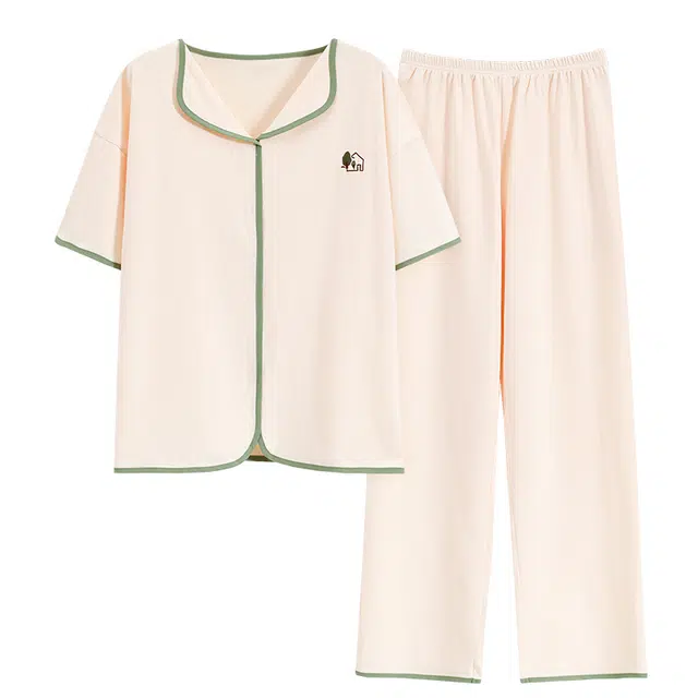 帕兰朵 撞色翻领单排扣上衣透气舒适裤子睡衣套装 女款 白色