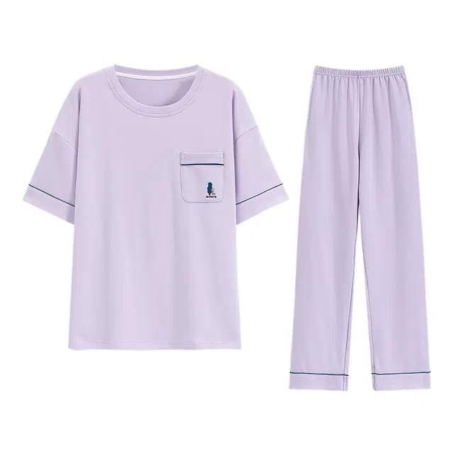 欧迪芬 纯棉圆领套头短袖上衣松紧腰长裤睡衣套装 女款 紫色