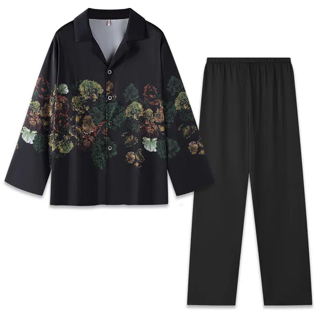 好福份 凉感纯色印花翻领牡丹花长裤长袖冰雪丝睡衣套装 男款 黑色