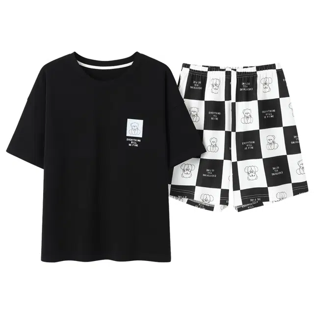 睦隆世家 韩版小熊印花短袖松紧腰短裤可居家可外穿睡衣套装 女款 黑色