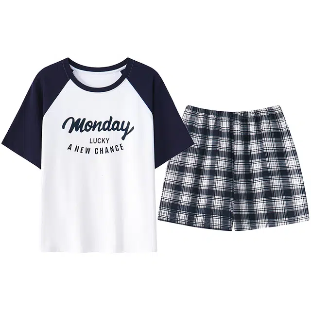 睦隆世家 英文印花带胸垫防凸点休闲短袖舒适透气亲肤短裤可外穿睡衣套装 女款 白色