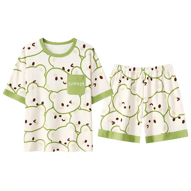 睦隆世家 卡通印花满印短袖短裤带胸垫防凸点可居家可外穿睡衣套装 女款 乳白色