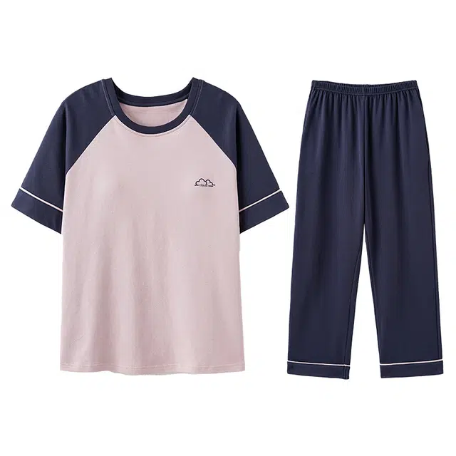 欧迪芬 纯棉圆领撞色短袖松紧长裤睡衣套装 女款 粉色
