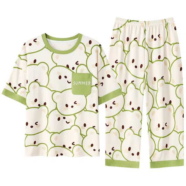 睦隆世家 简约亲肤韩版卡通印花满印翻领开衫带胸垫防凸点短袖可居家可外穿休闲家居服七分裤睡衣套装 女款 乳白色