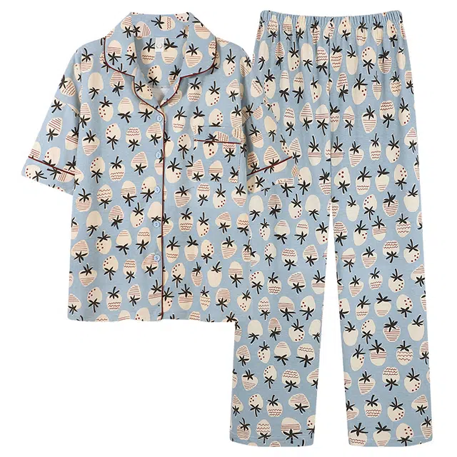 莫代尔 简约时尚满印短袖韩版亲肤透气长裤睡衣套装 女款 浅蓝色