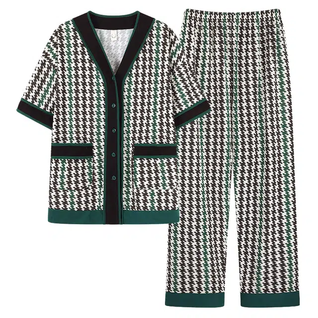 莫代尔 时尚千鸟格短袖松紧长裤睡衣套装 女款 黑色