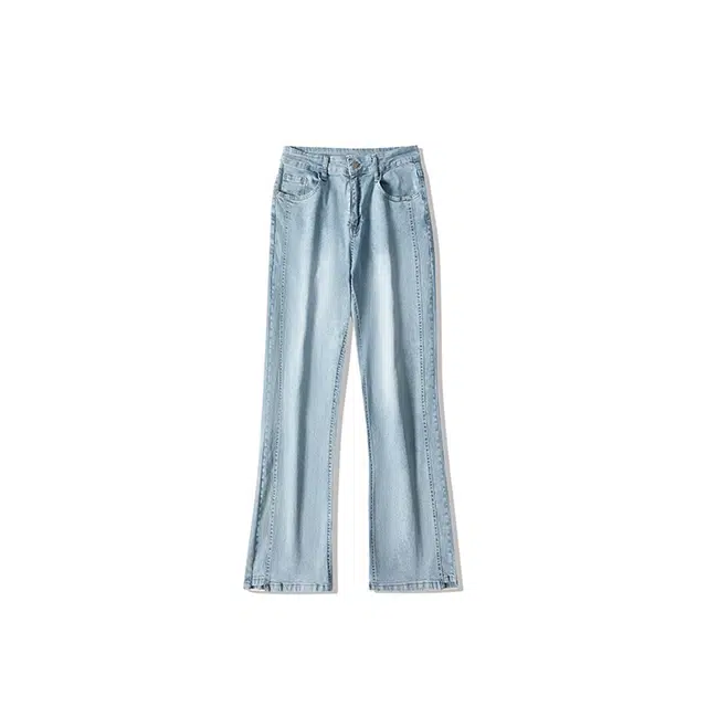 八哥 美式复古高街简约基础款水洗做旧废土风修身纯色宽松阔腿微喇弹力薄款牛仔裤 男女同款 浅蓝色