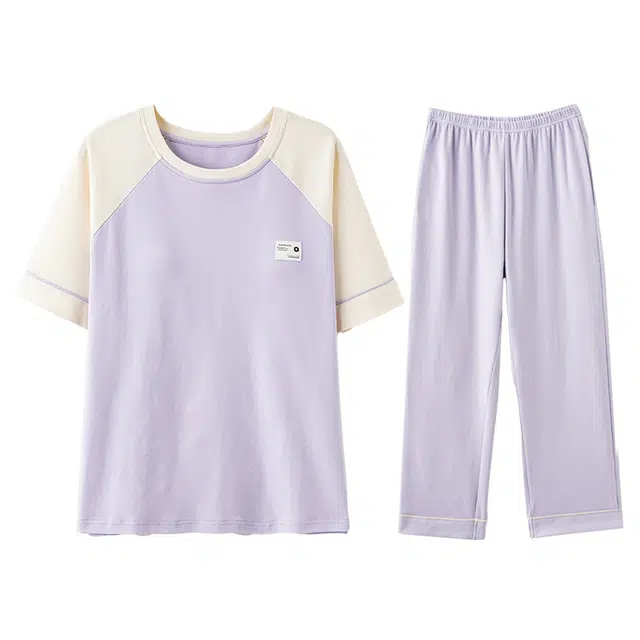 欧迪芬 纯棉自带胸垫圆领短袖松紧长裤睡衣套装 女款 紫色