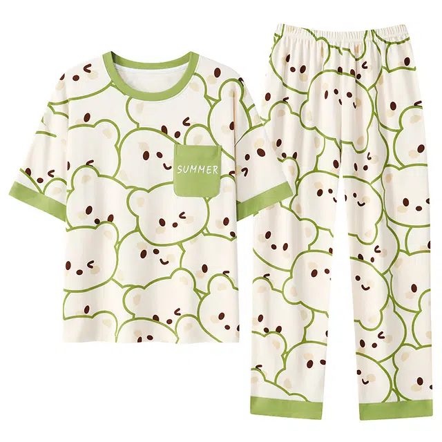 睦隆世家 韩版趣味卡通满印短袖长裤带胸垫防凸点可外穿睡衣套装 女款 乳白色