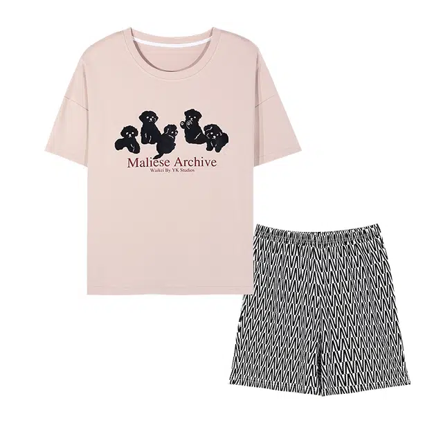 睦隆世家 韩版小狗印花短袖舒适透气短裤睡衣套装 女款 藕色