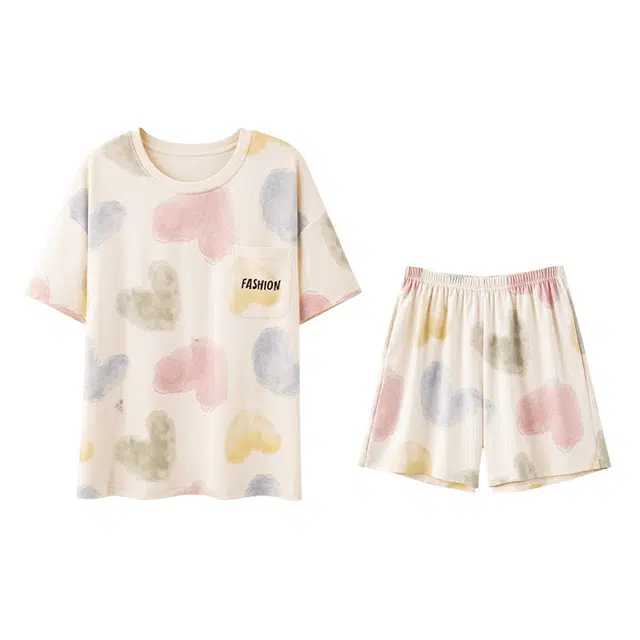 欧迪芬 纯棉圆领自带胸垫短袖松紧腰短裤睡衣套装 女款 杏色