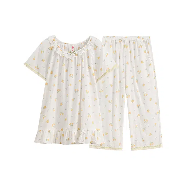 芬腾 圆领舒适套头短袖松紧短裤睡衣套装 女款 米白