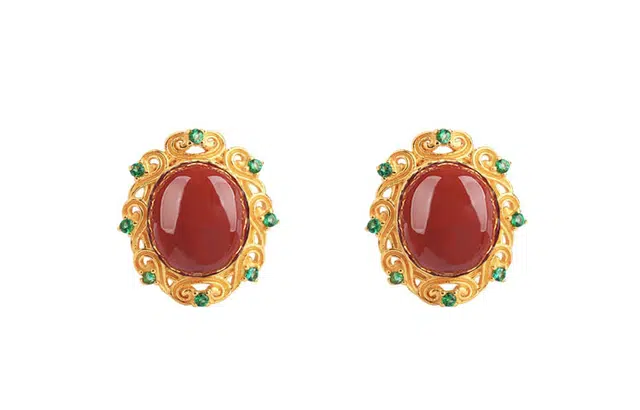 小银匠 新中式复古国潮花纹圆形喜庆红气质国风 玛瑙 玉石耳钉 女款