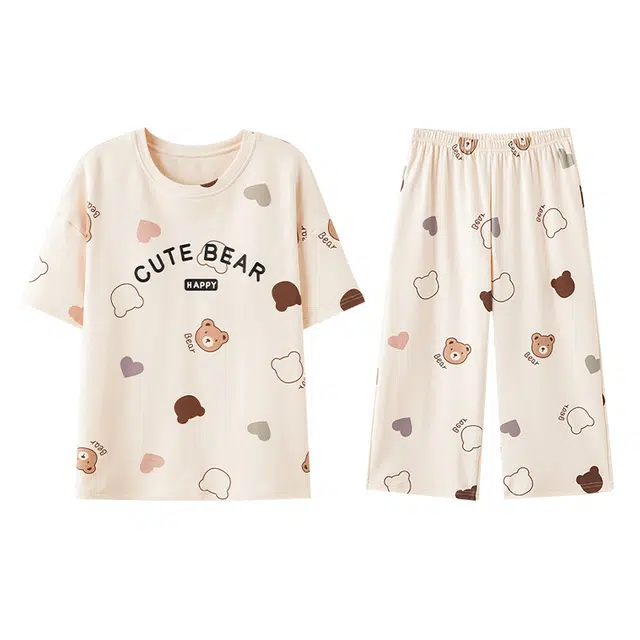 欧迪芬 纯棉字母卡通印花圆领套头舒适短袖七分裤睡衣套装 女款 杏色