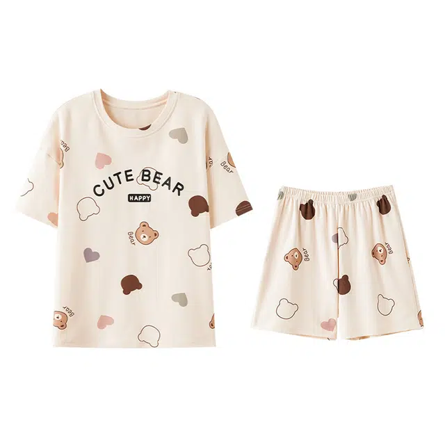 欧迪芬 纯棉圆领套头自带胸垫短袖松紧腰短裤睡衣套装 女款 杏色