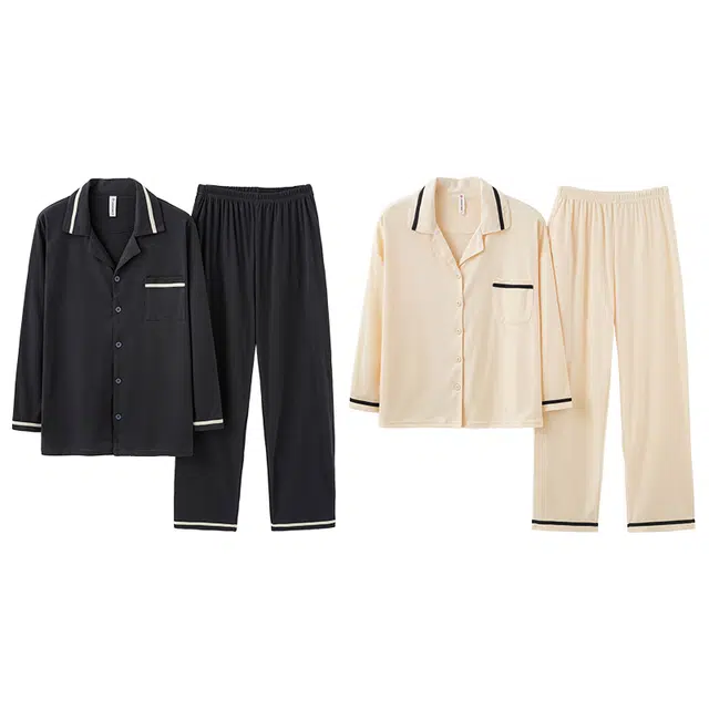 鸭鸭 翻领休闲凉感长袖纯色简约舒适透气长裤家居服睡衣套装 男女同款 黑色和肉色