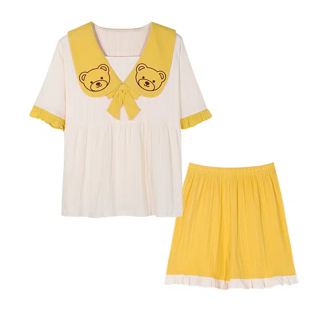 睦隆世家 韩版蝴蝶结印花公主风短袖休闲透气短裤睡衣套装 女款 白色